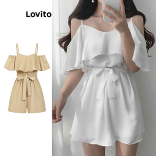 Áo liền quần Lovito xếp nếp màu trơn phong cách thường ngày cho nữ L87ED324