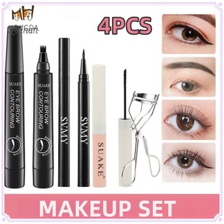 Mengda 4 Mascara Mỹ Phẩm Bộ Bút Kẻ Mắt Bút Lông Mày 4 Đầu Máy Uốn Mi Tự Nhiên Trang Điểm Mỏng Dài Dày Mịn