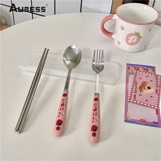 Bộ đồ ăn bằng thép không gỉ đũa thìa nĩa dâu tây bộ ba món di động bền bỉ cho bé gái dễ thương quà tặng 【searson 