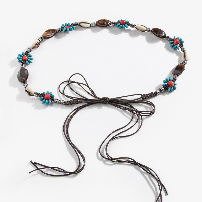 Bohemian Style Flower Woven Knotted Ethnic Style Handmade Wooden Bead Women's Waist Chain Casual Vac
