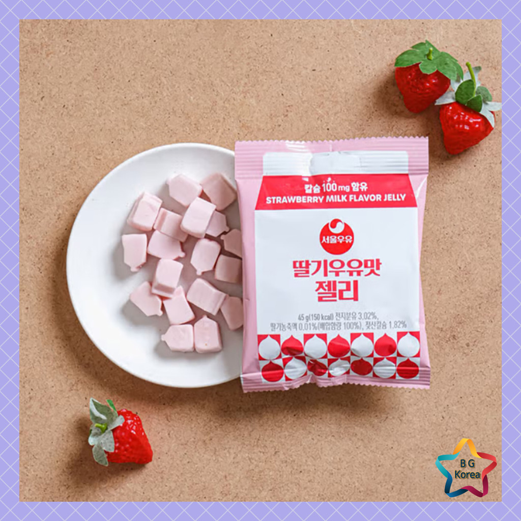 Seoul Milk Strawberry Milk Flavor Jelly / Soft Chewy Candy Snack / 45g / Pink Pack