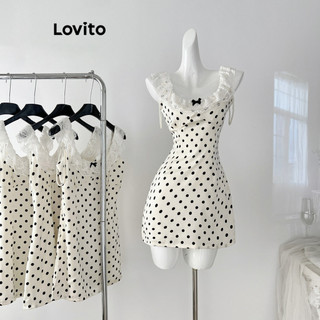 Đầm Lovito có nơ phối ren họa tiết chấm bi phong cách thường ngày cho nữ LNA60023