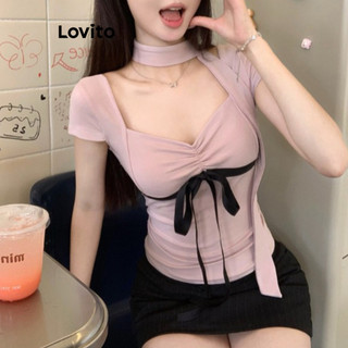 Áo thun Lovito màu trơn thiết kế chéo phong cách thường ngày cho nữ LNA60374