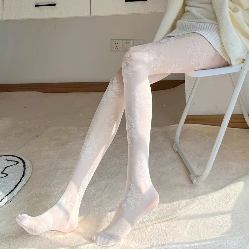 Tất trắng quần tất Jacquard mỏng quá đầu gối quần legging