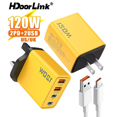 Hdoorlink USB Type C Sạc Nhanh 4 Cổng UK / US Cắm Sạc Sạc Nhanh Treo Tường Cho Samsung Xiaomi