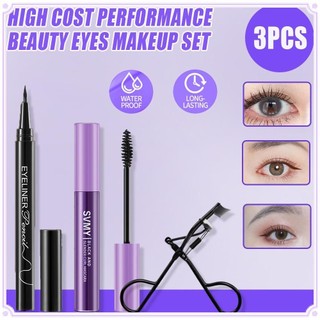 Bộ trang điểm mắt làm đẹp 3 cái / bộ Mascara + bút kẻ mắt + Máy uốn mi Chống thấm nước Chống mồ hôi Không dễ nhòe Thiết lập lâu trôi