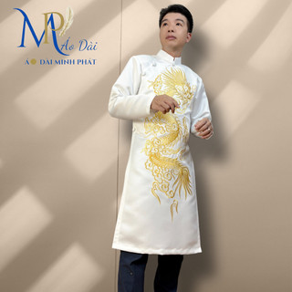 Áo Dài Cách Tân Nam Mầu Trắng, Vàng Thêu Rồng Trên vải Tafta Cao Cấp ( Dày, Mịn, thoải mái) MPT1023
