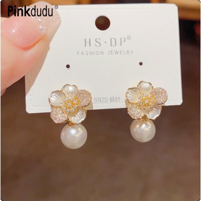 Pinkdudu Ngọt Nhỏ Giọt Dầu Hoa Zircon Hợp Kim Kẽm Bông Tai Hợp Thời Trang Nhựa Hạt Thả Bông Tai Nữ PD2268
