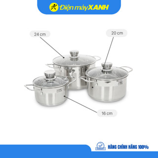 Bộ 3 nồi inox 5 đáy nắp kính Green Cook GCS232-T1