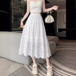 Váy trắng thêu rỗng cho phụ nữ, mùa xuân mới, váy A-line eo cao co giãn R4HN