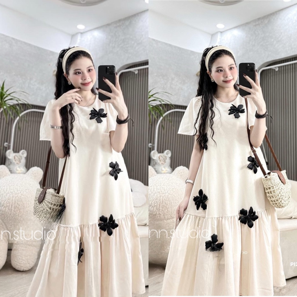 [Minn.Studio] Váy Thô Đính Hoa Nổi dáng babydoll rộng (Hàng chuẩn mẫu)
