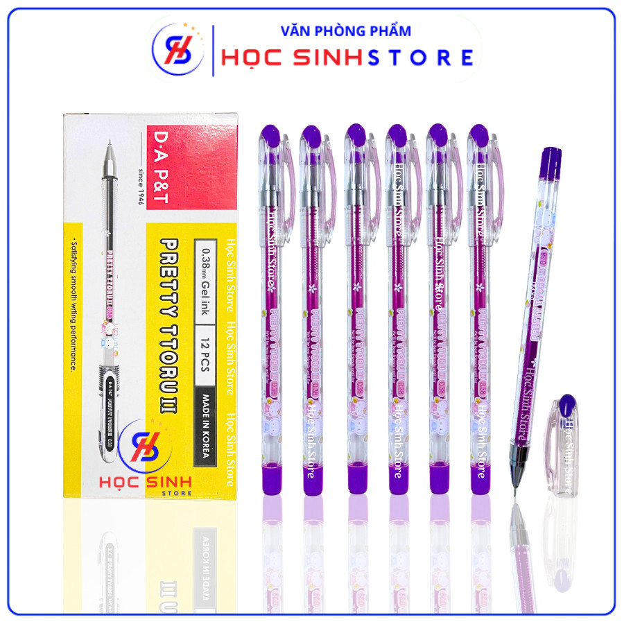 Hộp 12 Cây Bút Gel Cao Cấp Pretty Ttoru II Ngòi 0.38mm (Mực Xanh, Tím, Đen) Hiệu Dong A Hàn Quốc