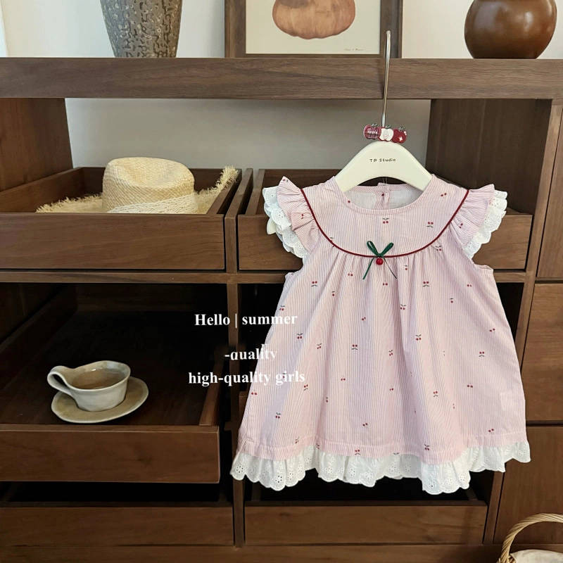 New Children Cheese Cherry Baby Girl Dress Cute Flying Sleeves Sweet Princess Dress qIml