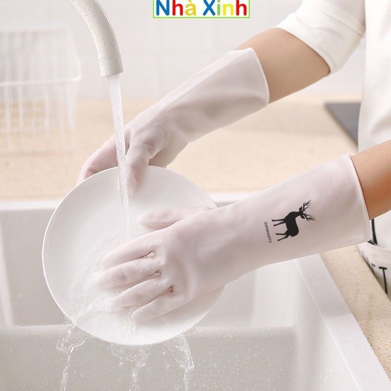 Đôi găng tay cao su siêu dai, in hình hươu trắng - Găng tay rửa chén bát giặt giũ