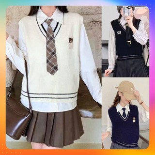  ⭐ P393  Áo len Montoghi dệt kim GILE họa tiết GẤU CON kẻ viền cổ V dễ phối đồ hàng QC xinh - PnG 