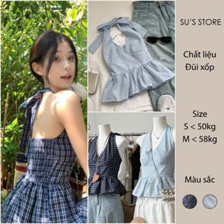 Áo Cổ Yếm Chun Lưng Dáng Xòe Nhẹ Kẻ Ô Chất Đũi Xốp Susstore A3080