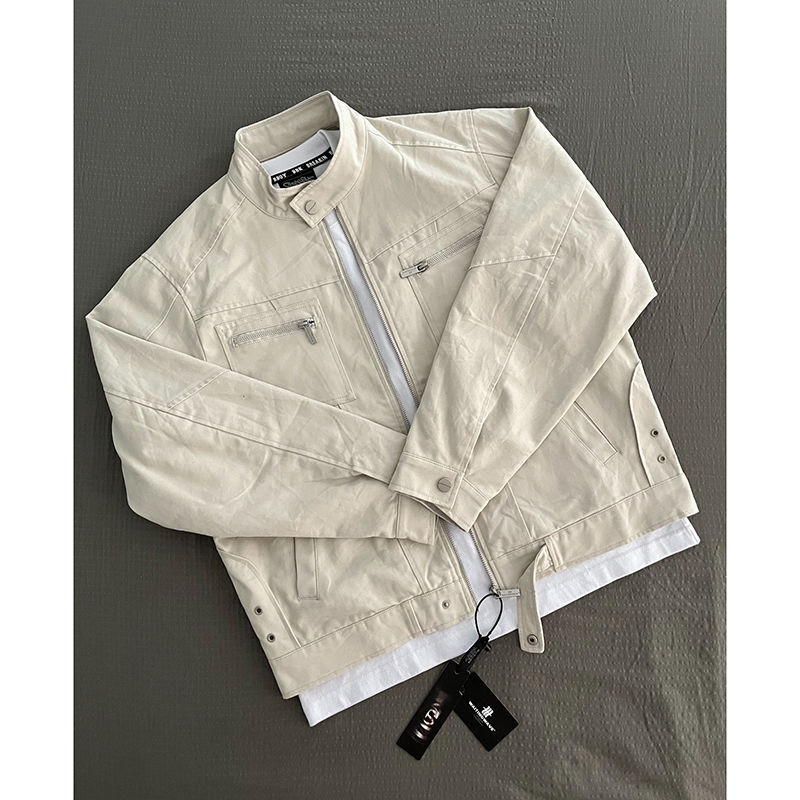  Áo khoác yếm màu be Nam Thu Đông Vintage Mỹ Retro Áo khoác cleanfit Đứng Cổ Top 