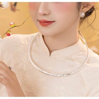 Kiềng cổ bạc tròn dập nổi hoa văn mặc áo dài Tết 2025 trang phục dân tộc vòng kiềng Hầu Đồng Hầu Thánh phụ kiện chụp ảnh