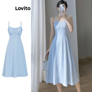 Đầm Lovito dây kéo diềm xếp nếp màu trơn phong cách thanh lịch cho nữ L96MD078