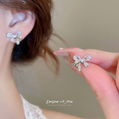 DREJEW Bạc kim zircon nơ bông tai thời trang khí chất thiết kế bông tai thích hợp phụ nữ
