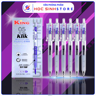 Hộp 12 Cây Bút Gel Bấm Cao Cấp King SL-101 Ngòi Bi 0.5mm, Mực Đều Viết Êm (Mực Xanh/Tím) - Có Đệm Tay Êm Ái