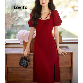 Đầm Lovito phối nơ màu trơn phong cách thanh lịch cho nữ LNM70301