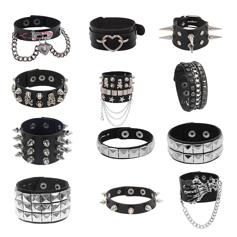 AdaChoi 90 Thời Trang Phong Cách Punk Vòng Tay Da Cá Tính Ba Hàng Gai Vuông Vòng Tay Lắc Tay 2024 Đảng Trang Sức Quà Tặng VN