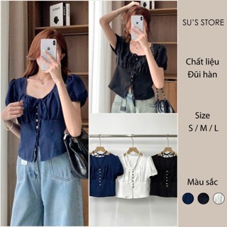 Áo Babydoll Đũi Cúc Dọc Thanh Lịch, Tay Bồng Dây Nơ Nữ Tính Susstore A3043 Thời Trang Nữ Bigsize