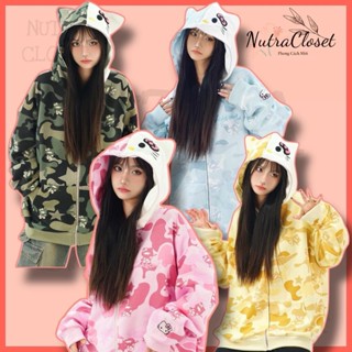 Áo khoác nỉ in 3D rằn có nón phối tai mèo kitty unisex nam nữ