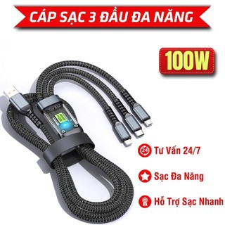  3369 Cáp Sạc Nhanh  Dây Sạc Tự Ngắt Bọc Dù 100W Tích Hợp 3 Cổng Micro Usb Type C 3 In 1 