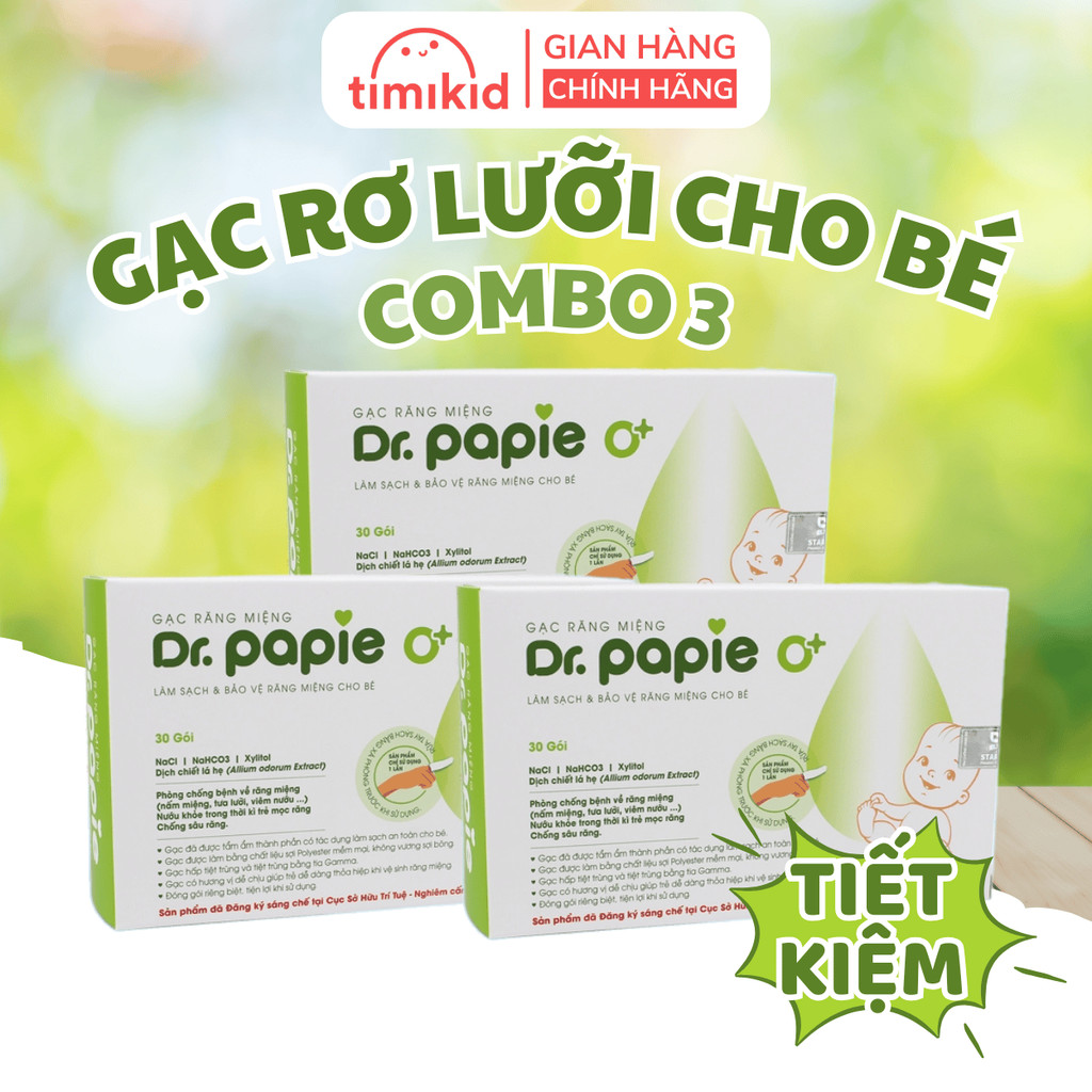 COMBO 3 [TÍNH TIỀN 2] Gạc Rơ Lưỡi Dr Papie Vệ Sinh Răng Miệng Cho Bé Từ 0 tháng tuổi, hộp 30 gói