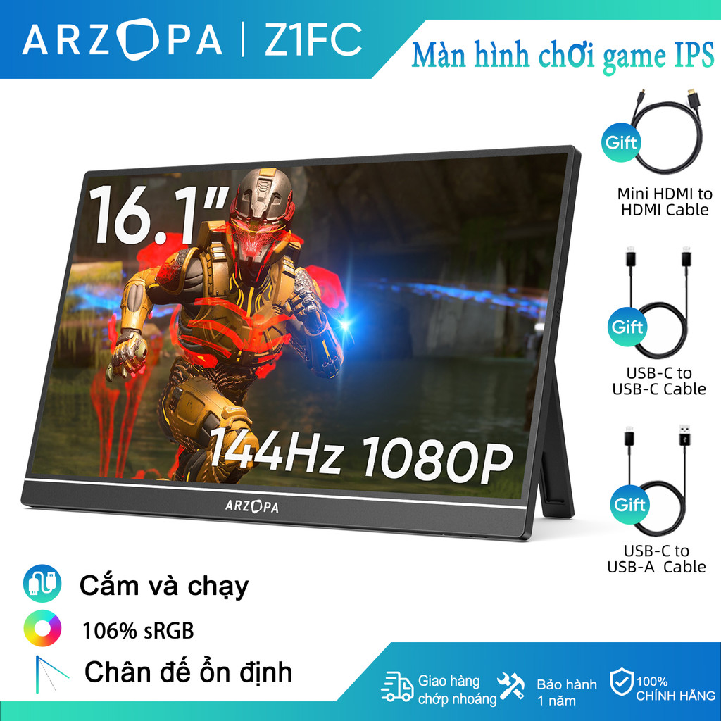 Màn hình chơi game di động ARZOPA 16.1 '' 144Hz, 100% sRGB, 1080P FHD với màn hình máy tính xách tay HDMI HDR cho Switch, PlayStation, Xbox, PS5, Mac
