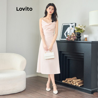 Đầm Lovito diềm xếp nếp màu trơn phong cách thanh lịch cho nữ LNM67037