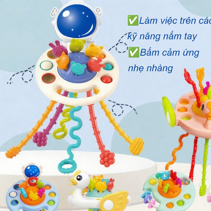 Đồ Chơi Dây Kéo Cầm Tay Hình Phi Hành,Đồ chơi rút dây silicon gặm nướu hình đĩa bay cho bé，Giáo dục sớm Montessori