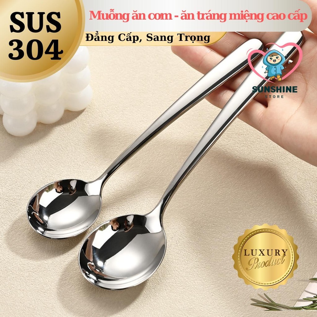 [Loại Cao Cấp] Muỗng Ăn Cơm Cán Dài Inox 304 Cao Cấp, Sáng Bóng Mẫu Thiết Kế Châu Âu Hiện Đại