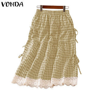 Vonda Nữ Hàn Quốc Co Giãn Eo Kẻ Sọc Dây Rút Đến Mắt Cá Chân Váy Dài