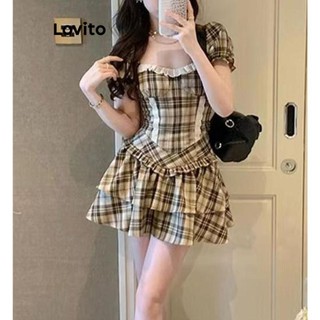 Set chân váy Lovito xếp ly kẻ sọc phong cách thường ngày cho nữ LNA61205