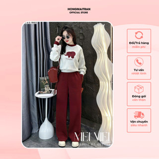  Set Đồ Nữ MeiMei Áo Nỉ Thêu Hình Mix Quần Dài Ống Rộng Mặc Thu Đông ST17041 Ver1 
