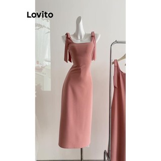 Đầm Lovito phối nơ màu trơn phong cách thường ngày cho nữ LNM66201