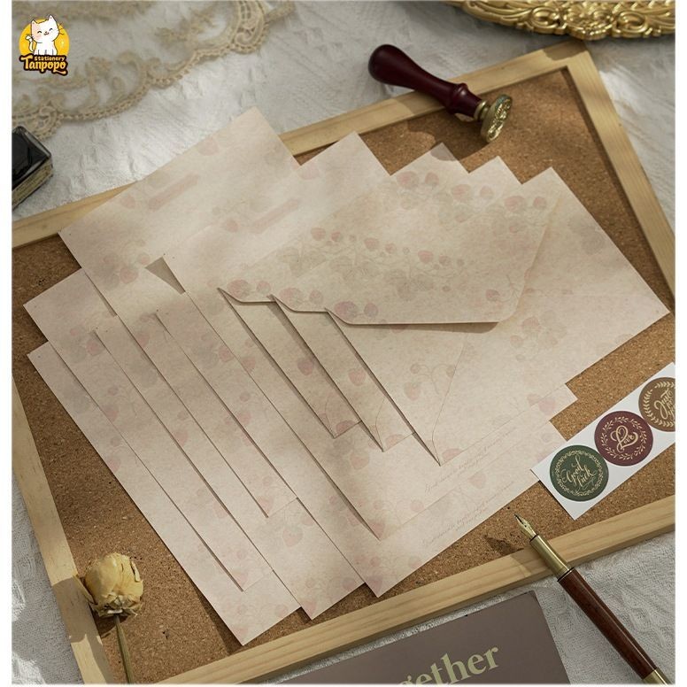 Set 1/3 bộ Phong Thư, giấy viết thư, tem tròn dán niêm phong thư hoa văn chìm nâu cổ điển vintage dùng viết thư quà tặng