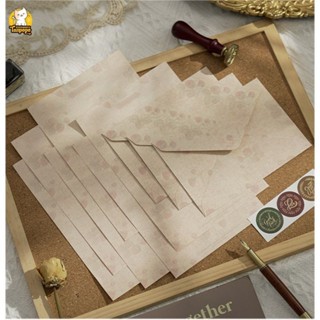 Set 1/3 bộ Phong Thư, giấy viết thư, tem tròn dán niêm phong thư hoa văn chìm nâu cổ điển vintage dùng viết thư quà tặng