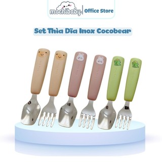 Bộ Thìa Dĩa Inox Coco Bear Cho Bé Ăn Dặm Tay Cầm Silicone An Toàn, Chống Trơn Trượt