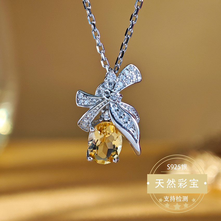 Mặt dây chuyền hoa Tulip Citrine tự nhiên Mạ bạc 925 Vòng cổ nữ Quà tặng cho người lớn tuổi Bé gái P
