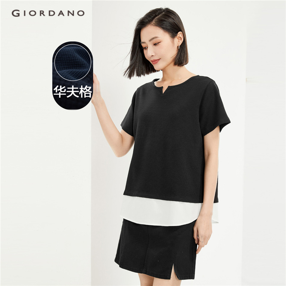 GIORDANO WOMEN 【Online Exclusive】BM Women's Waffle Knit Stitching V-Neck Tee  13324246