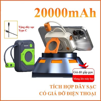 Sạc dự phòng 20000mAh tích hợp 2 dây sạc kèm giá đỡ có đèn pin chiếu sáng sạc nhiều dòng điện thoại