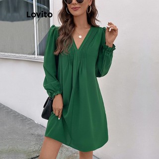 Đầm Lovito màu trơn may gấp vải xếp nếp phong cách thường ngày cho nữ LNL58256