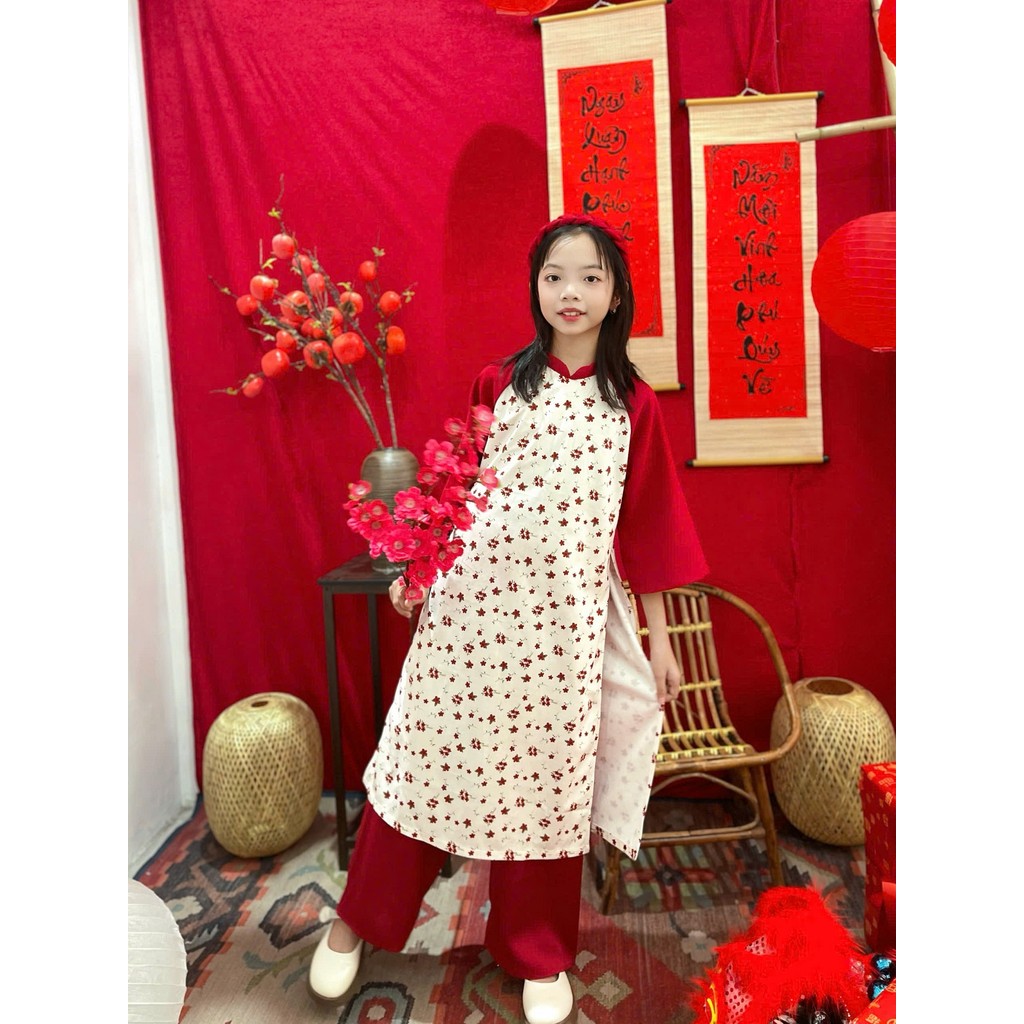Áo dài nhung hoa cho bé MeowOi25 áo dài hoa công / áo dài hoa đỏ / áo dài hoa hồng / hoa vàng / hoa 