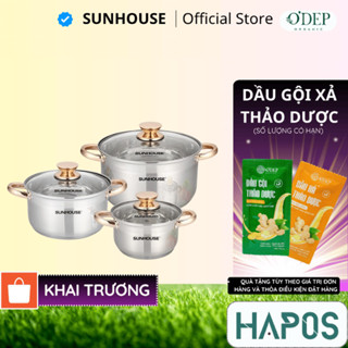 Bộ nồi inox 5 lớp đáy dập phẳng Sunhouse SH781 - 3 nồi 16cm-20cm-24cm - Đáy từ dùng mọi loại bếp - HAPOS HSA
