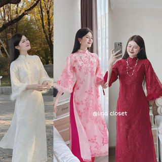 Áo dài cách tân '' Phụng Lân '' hoạ tiết thêu kỳ lân phối tay lông kèm quần lụa