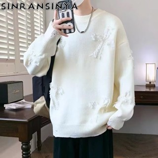 Áo len nam SINRANSINYA American retro đường phố màu trơn đa năng rách thô thiết kế viền dáng rộng áo len thông thường